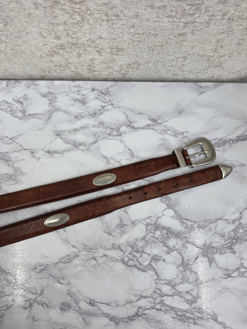 Leather Top Grain Cowhide Belt Silver Toned Concho Buckle Western Cowboy Preppy